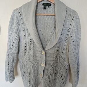 Lauren Ralph Lauren Light Blue Gray 100% Cotton Cable Knit Shawl Collar Cardigan